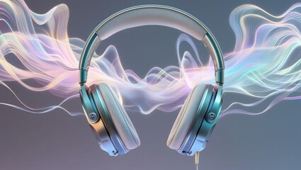 Wireless headphones, headset, and smart speaker with futuristic design, light effects, and digital sound waves – modern technology for music and entertainment.