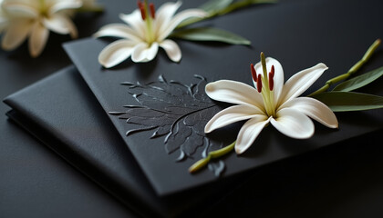 Funeral program design template with white lilies on a black background