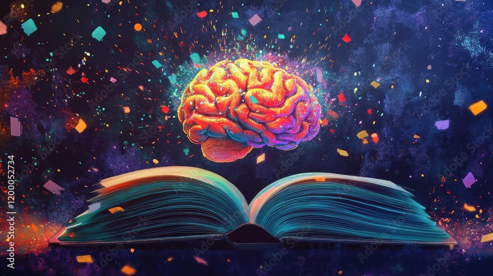 Aufkleber a vibrant brain emerges from an open book surrounded by colorful confetti