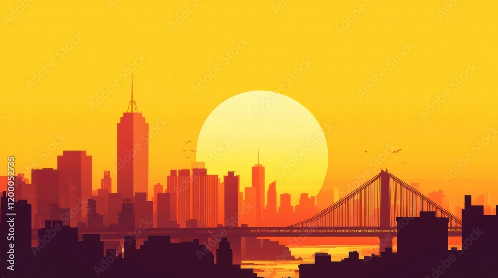 Aufkleber urban skyline illuminated by a vibrant sunset with iconic towers and bridges in view. generative ai
