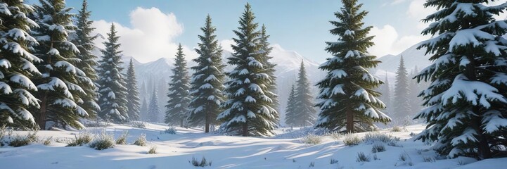 Fototapeta premium Lush evergreens covered in fresh snow in a winter wonderland, snowy, tranquil, peaceful, snow-covered