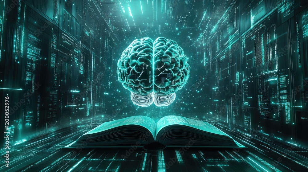 Poster Digital Brain Illuminated Above Open Book Of Knowledge
