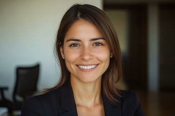Fototapeta premium Headshot close up face portrait of young happy smiling Hispanic businesswoman female company worker or corporate manager confident business woman entrepreneur looking at camera at work in office