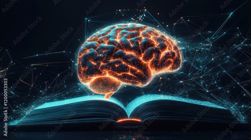 Poster Illuminated Brain Above Open Book Representing Knowledge