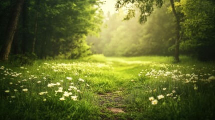 Sunlit path through a field of wildflowers