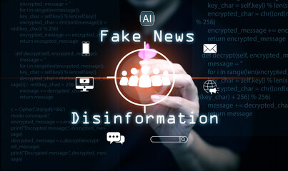 AI, artificial intelligence, and the concept of fake news, misinformation, and disinformation: A man holding a dart, aiming at a people icon, surrounded by related icons 