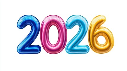 2026, Bright, Colorful, Multicolored Balloon Numbers Floating on White Background, Isolated, Party