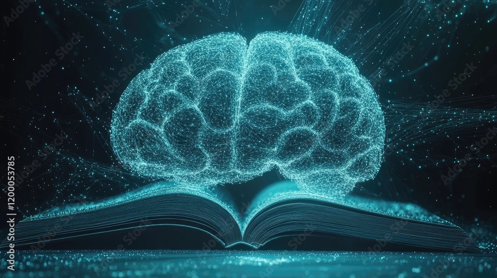 Poster digital brain above open book knowledge acquisition