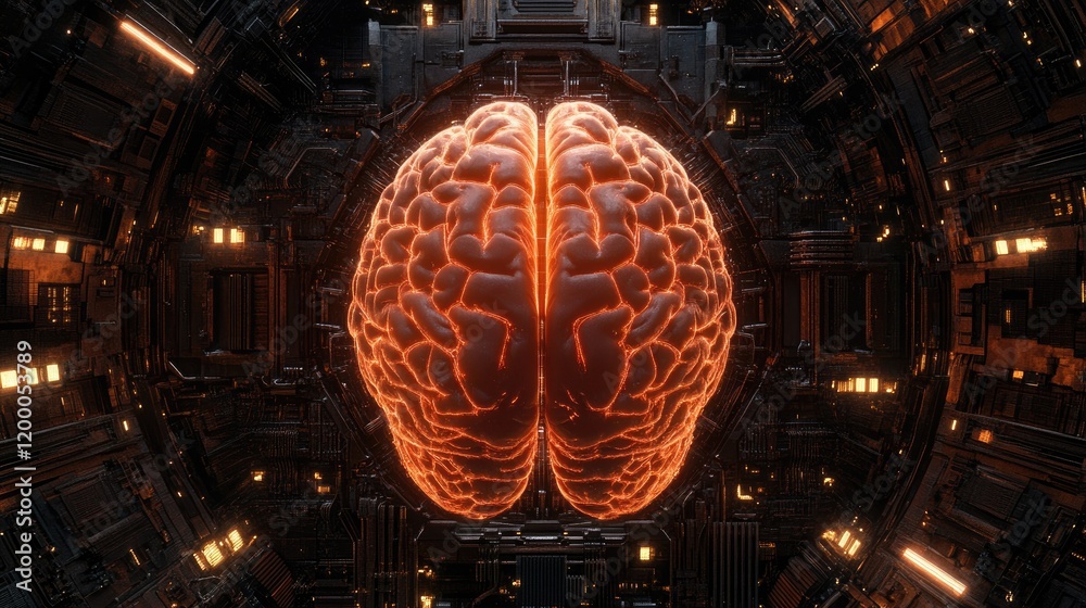 Poster glowing brain within complex futuristic technology
