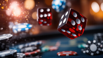 Suspended in mid-air, red dice and colorful poker chips exemplify the excitement and anticipation of casino gaming, igniting passion and strategic thinking among players.