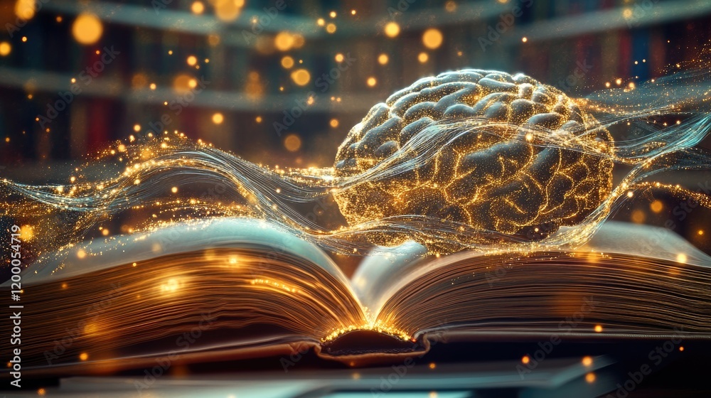 Poster Illuminated Brain Emerging From Open Book Pages