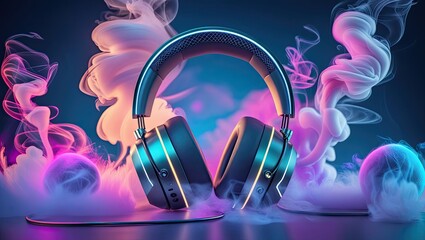 Wireless headphones, headset, and smart speaker with futuristic design, light effects, and digital sound waves &ndash; modern technology for music and entertainment.