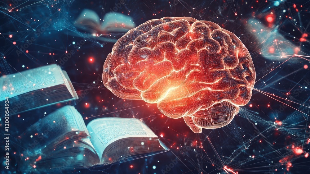 Poster Illuminated Brain and Open Books Representing Knowledge Acquisition