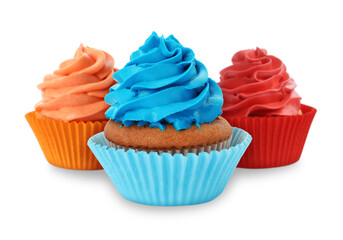 Delicious cupcakes with colorful cream isolated on white
