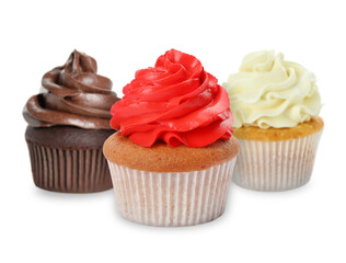 Delicious cupcakes with colorful cream isolated on white