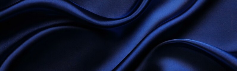 Navy blue silk satin. Silky shiny fabric. Dark luxury background with space for design. Banner. Wide. Long. Panoramic. Template. Empty. Flat lay top view table. Beautiful.Elegant.