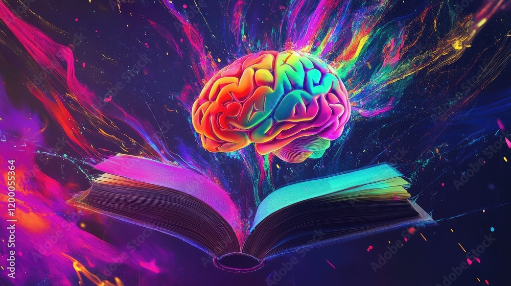 Poster a vibrant brain emerges from an open book of knowledge