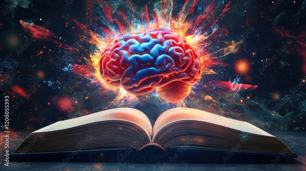 Poster a vibrant brain emerges from an open ancient book