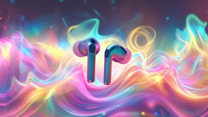 Wireless headphones, headset, and smart speaker with futuristic design, light effects, and digital sound waves – modern technology for music and entertainment.