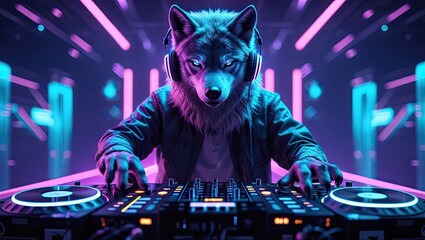 Wolf DJ at the mixing console in a neon-lit club – atmospheric music show with cyberpunk vibes, nightlife energy, flashing lights, and the rhythm of electronic music.