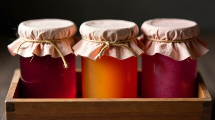 three glass jars with jam of different flavors on a wooden tray