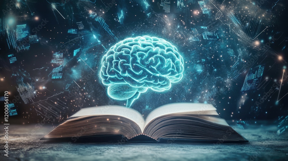 Poster Glowing Brain Emerging From Open Book Knowledge