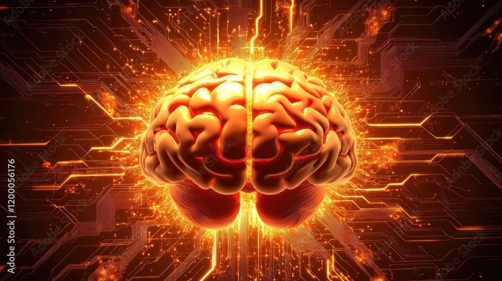 Poster illuminated brain over glowing circuit board