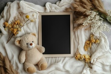 Pregnancy announcement with teddy bear dried flowers and a black letterboard in the centerof a soft muslin blanket
