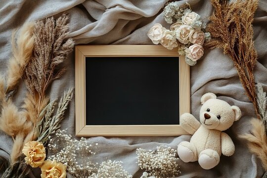 Pregnancy announcement with teddy bear dried flowers and a black letterboard in the centerof a soft muslin blanket
