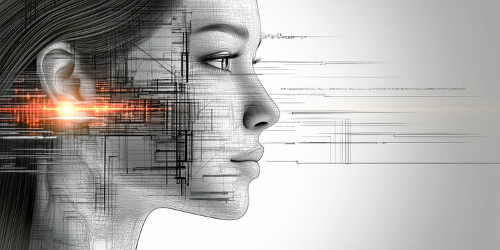 Woman's face profile technical theme, women in science software engineering technology mathematics digital cyber coding business profession, background, copy space.