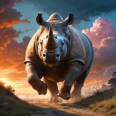 Fototapeta premium Powerful rhinoceros running through savanna at sunset, determined expression, striking landscape