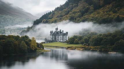 Fototapeta premium Misty Mountain Castle Beside Tranquil River Landscape