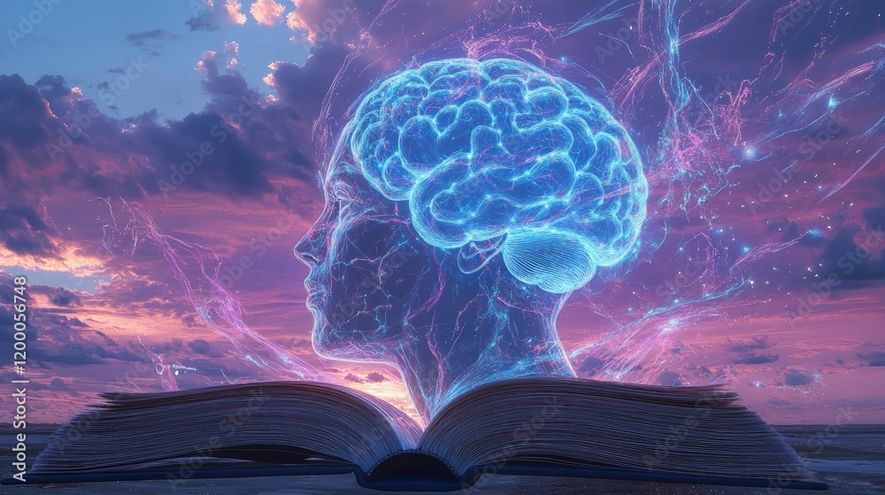 Poster a luminous brain emerges from an open book under a vibrant sky