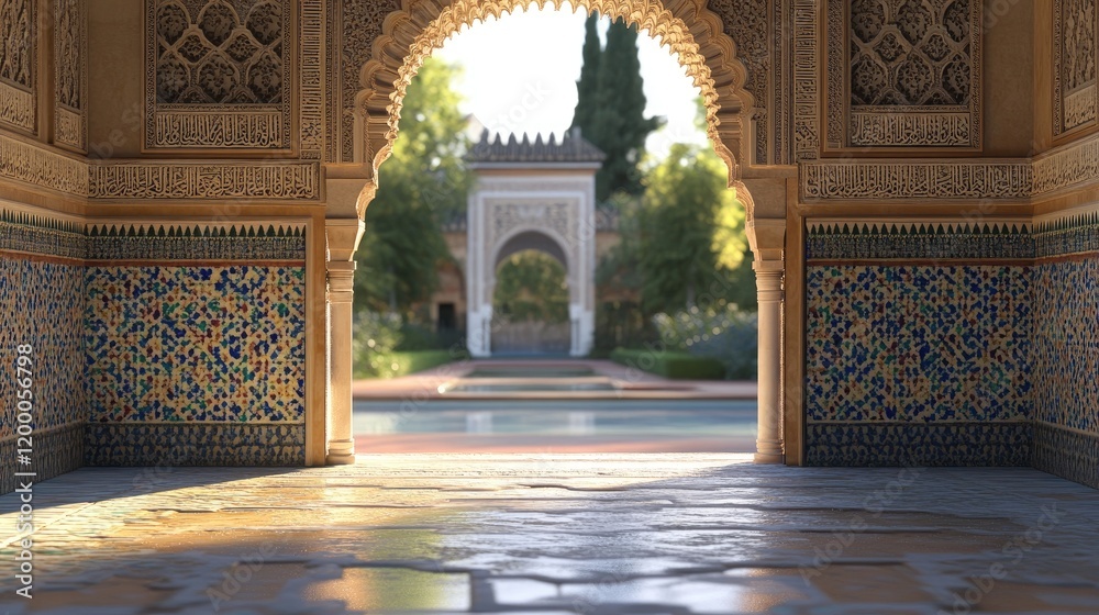 Poster archway view of ornate palace gardens and architecture