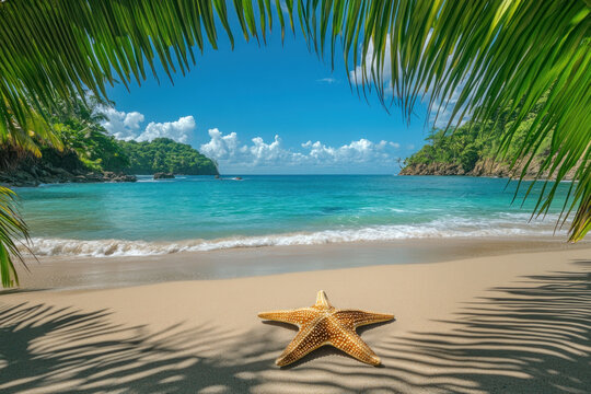 Starfish on sandy beach with waves and seashells.