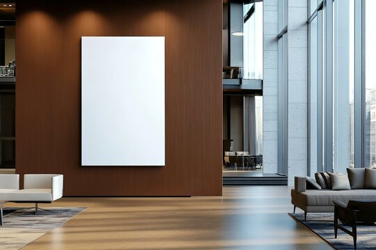 Blank vertical canvas on brown wall near modern glass office partition with furniture in corporate space.
