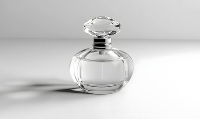 Elegant clear glass perfume bottle on white background.