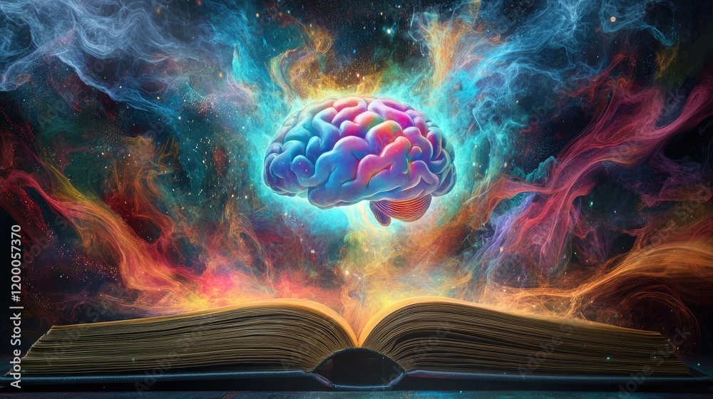 Poster a colorful brain emerging from an open book