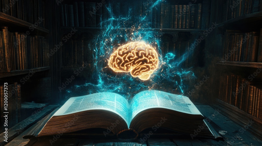 Poster Illuminated Brain Emerging From Ancient Book In Library