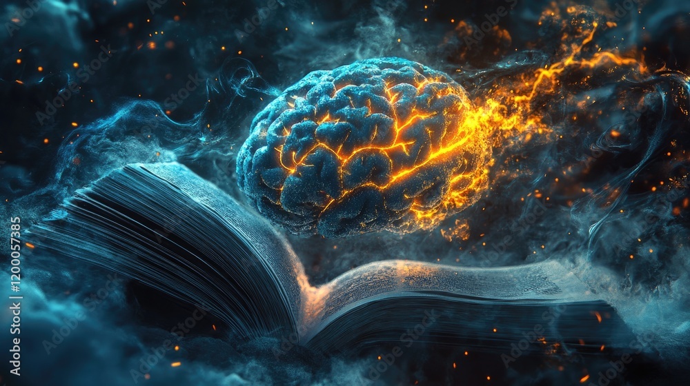 Poster flaming brain above open book knowledge ignites imagination