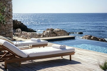 Fototapeta premium From sunbed on sundeck of luxury beach hotel with a pool panoramic view of sparkling sea and golden sandy shore stretches out before you creating an idyllic setting for a vacation home or hotel stay