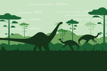 Vector illustration of silhouette of dinosaurs on the Jurassic period landscape with mountains, volcano and tropical plants in flat cartoon style.