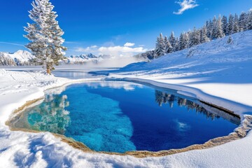 Relaxing in a tranquil hot spring surrounded by pristine snow and towering pine trees on a clear winter day