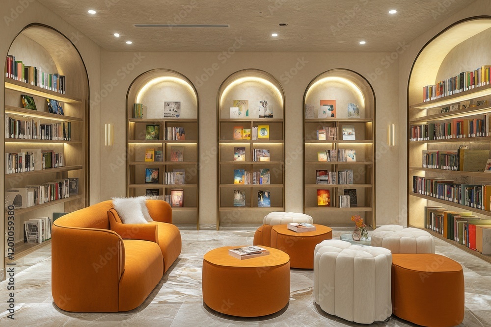 Poster a modern reading room with a sleek design and comfortable seating area