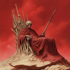 Obraz premium Skeletal Figure in Red Robe Seated on Bone Throne, Holding Sword
