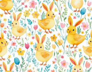 Vibrant Easter pattern, dynamic illustration with cute rabbits, eggs, and blooming daffodils, bright pastel palette, stylized for a festive yet modern holiday theme, seamless and cheerful vibe.