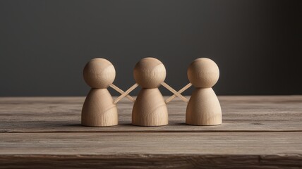 Three wooden figures standing together on a wooden surface, symbolizing connection and collaboration.