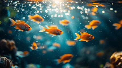 Fototapeta premium Underwater scene with orange fish swimming near coral.