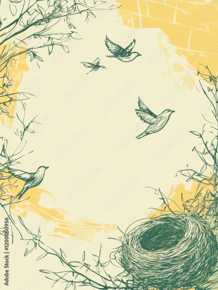 Poster nature inspired illustration featuring birds in flight and a nest against a warm yellow background. 