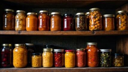 many glass jars of food stand on the shelves